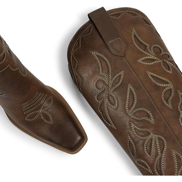 ⚡Women's Dark Brown Faux Leather Western Boots Pull On Tab Chunky Heel Design - Picture 3 of 6